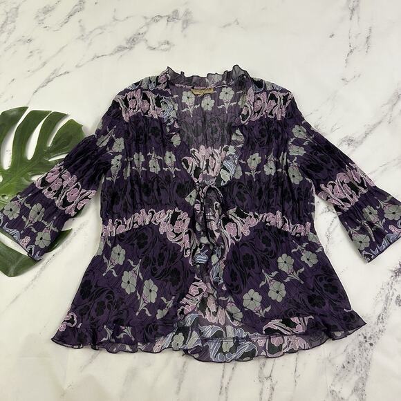 Notations Womens Vintage Y2k Crinkle Top Plus Size 1x Purple Floral Ruffles Open - Picture 1 of 11